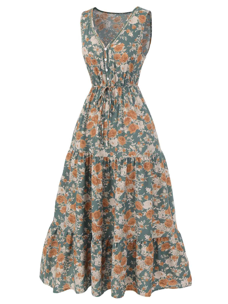 1930s V-Neck Floral Sleeveless Dress