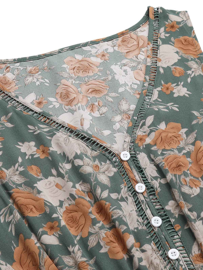 1930s V-Neck Floral Sleeveless Dress