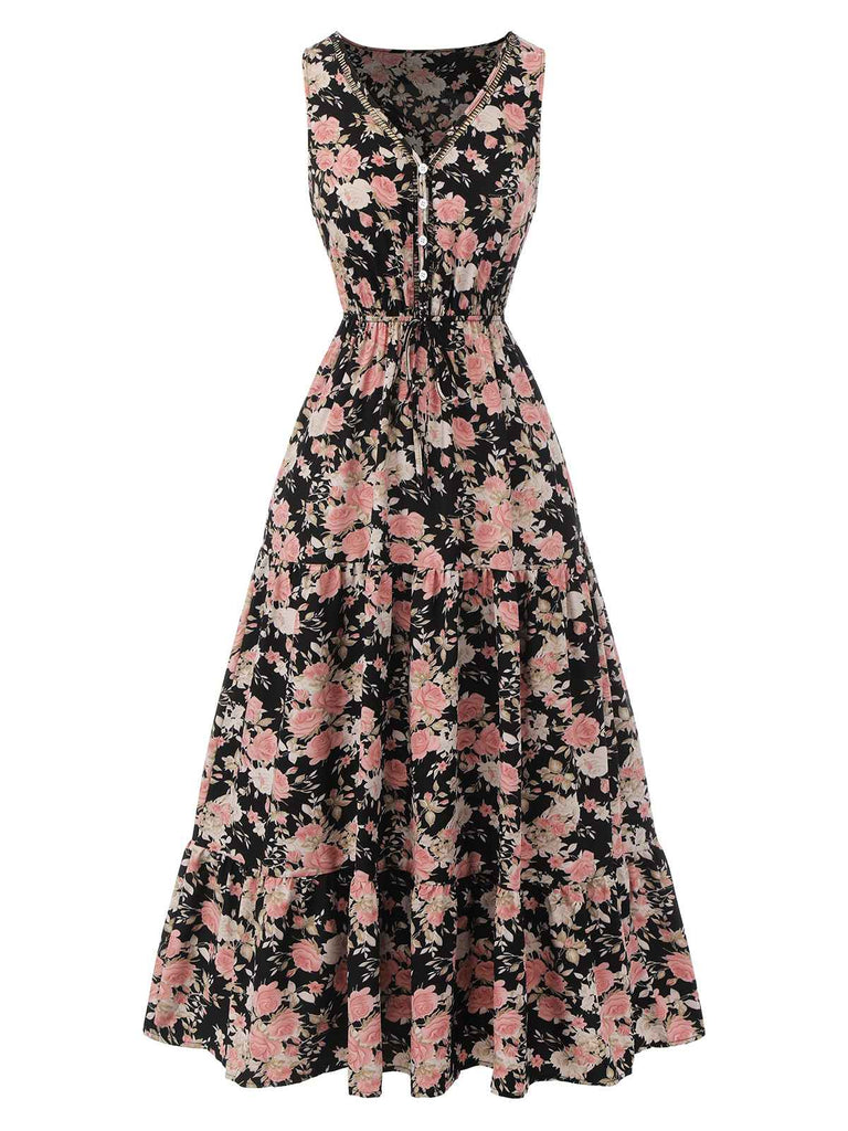 1930s V-Neck Floral Sleeveless Dress