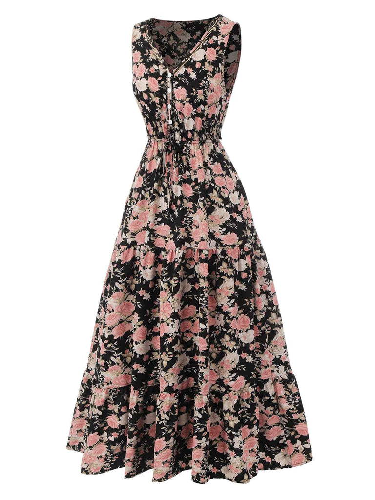 1930s V-Neck Floral Sleeveless Dress