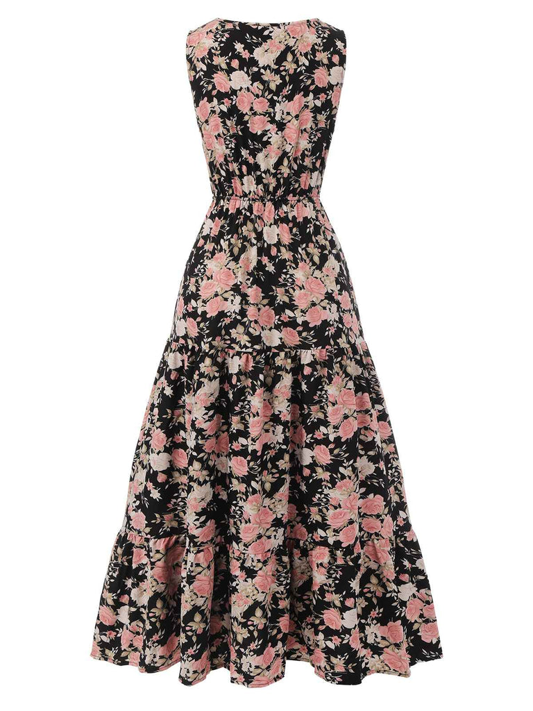 1930s V-Neck Floral Sleeveless Dress