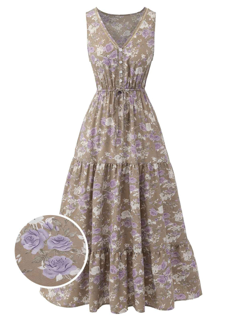 1930s V-Neck Floral Sleeveless Dress
