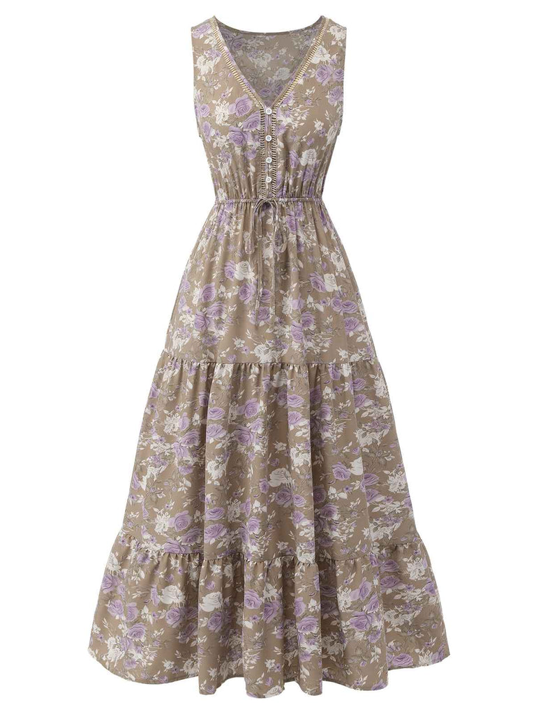 1930s V-Neck Floral Sleeveless Dress