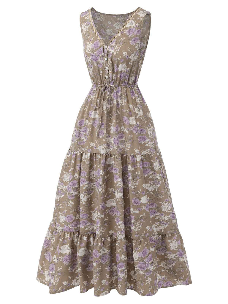 1930s V-Neck Floral Sleeveless Dress