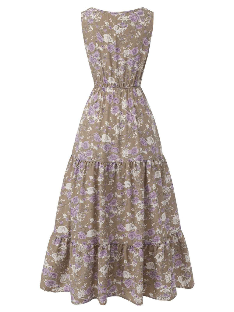 1930s V-Neck Floral Sleeveless Dress