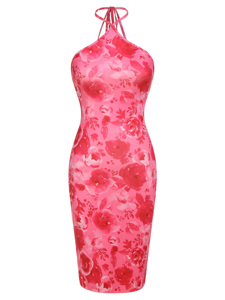 Dark Pink 1960s Rose Halter Dress