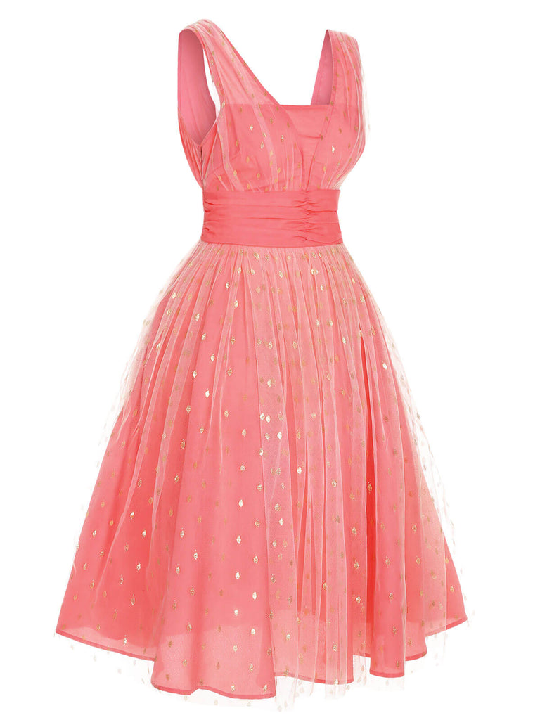 Coral Pink 1950s V-Neck Sequin Dress