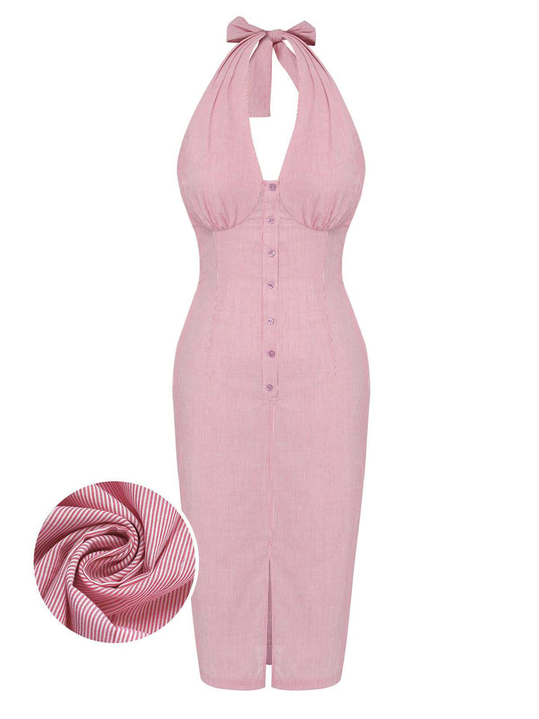 Pink 1960s Halter Stripes Slit Dress
