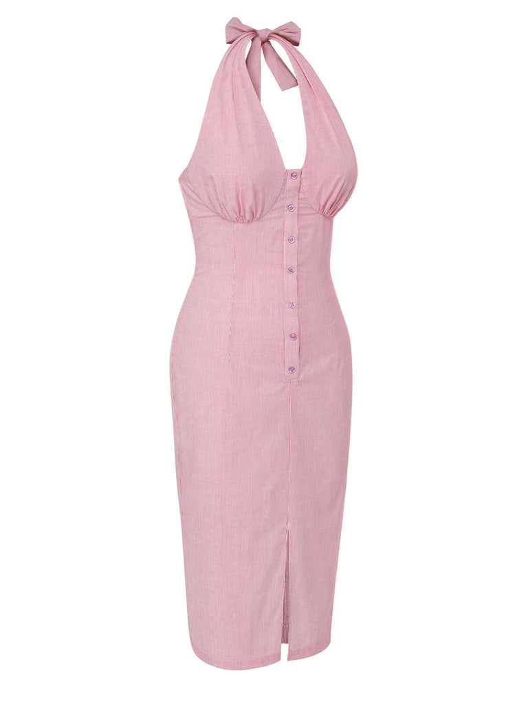 Pink 1960s Halter Stripes Slit Dress