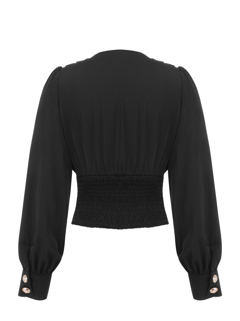 Black 1950s Solid Puff Sleeves V-Neck Blouse