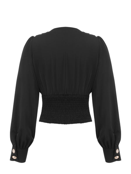 Black 1950s Solid Puff Sleeves V-Neck Blouse | Retro Stage