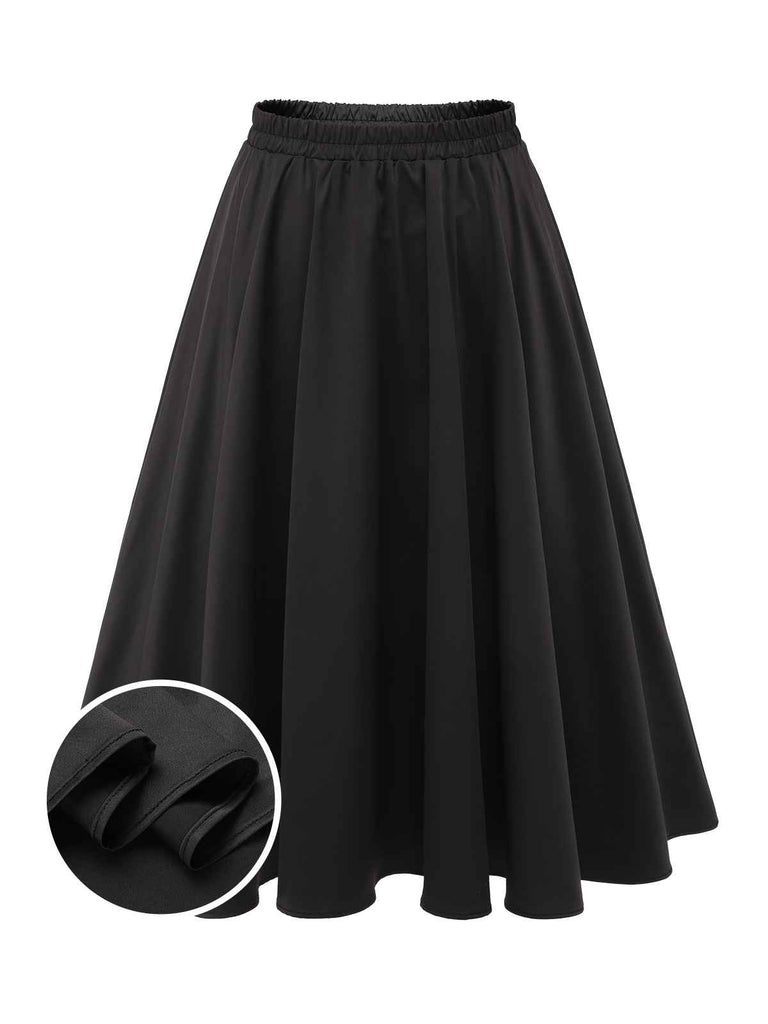 Black 1950s Solid Elastic Waist Pleated Skirt | Retro Stage