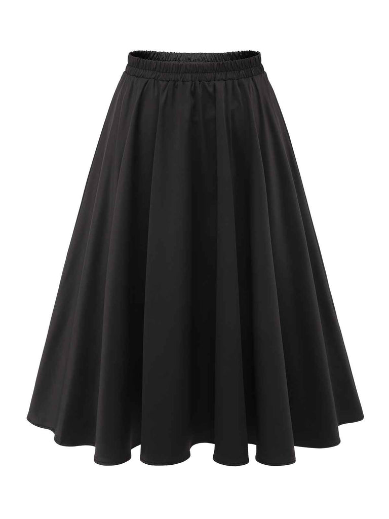 Black 1950s Solid Elastic Waist Pleated Skirt | Retro Stage