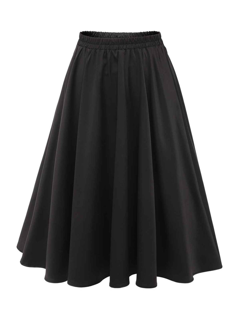 Black 1950s Solid Elastic Waist Pleated Skirt | Retro Stage