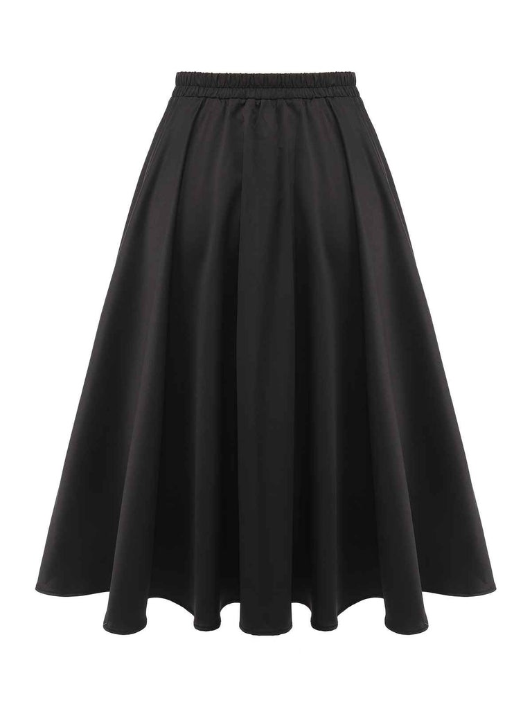 Black 1950s Solid Elastic Waist Pleated Skirt | Retro Stage