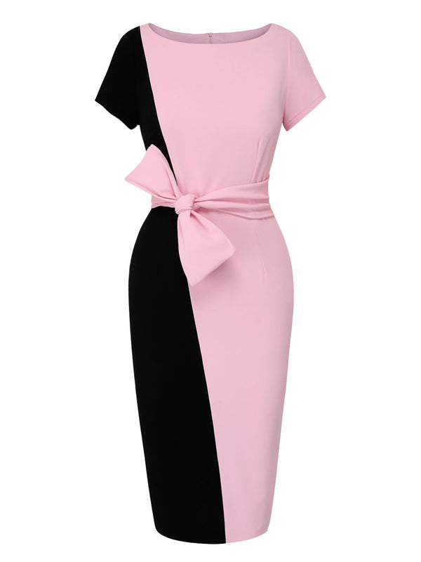 Vintage Boat Neck Contrast Belted Sheath Dress Black & Pink