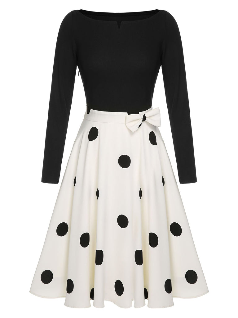 Black 1950s Polka Dot Bow Patchwork Knitted Dress | Retro Stage