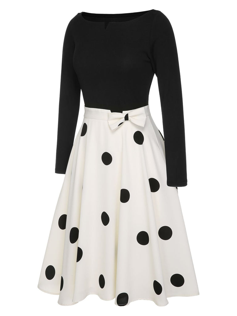 Black 1950s Polka Dot Bow Patchwork Knitted Dress | Retro Stage