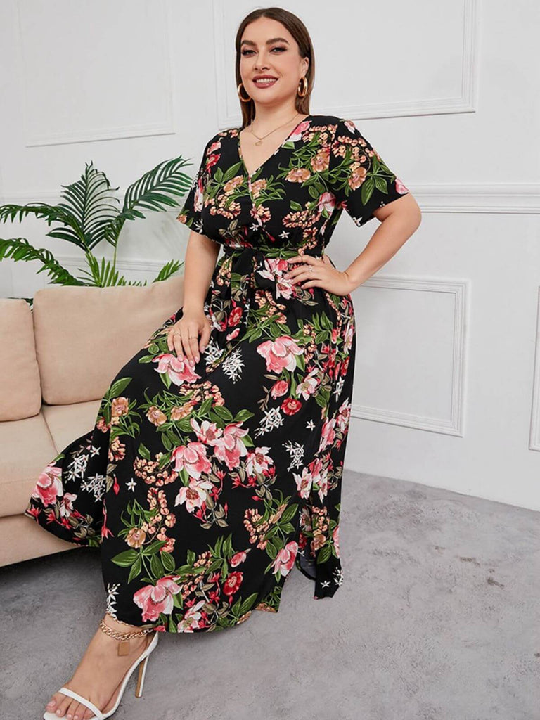 [Plus Size] Multicolor 1940s Floral V-Neck Tie-Up Dress