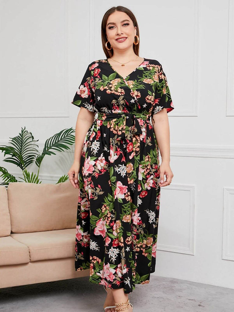 [Plus Size] Multicolor 1940s Floral V-Neck Tie-Up Dress