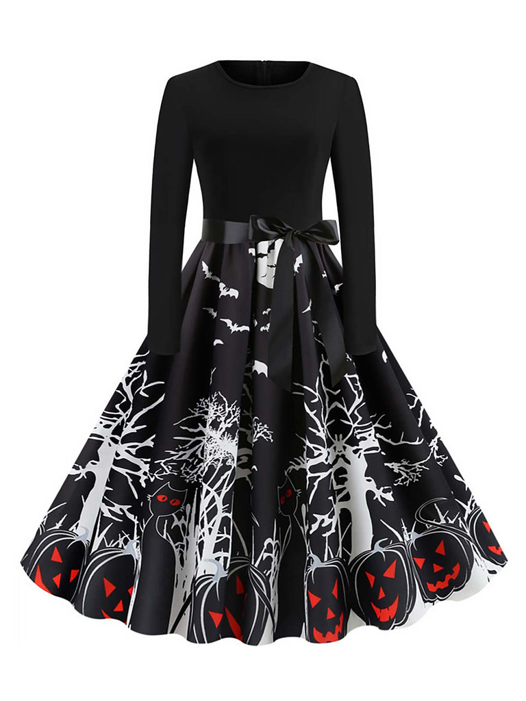 Black 1950s Halloween Pumpkin Long Sleeve Dress