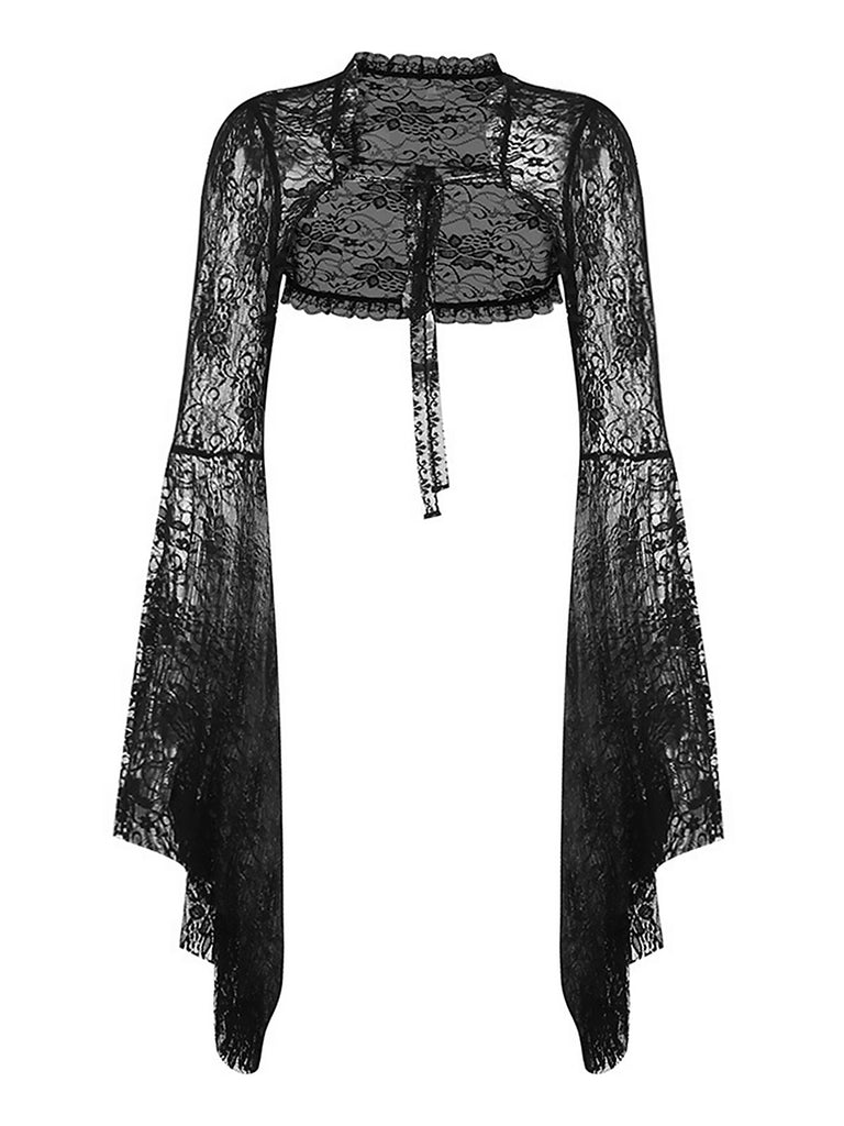 Black 1930s Halloween Lace Flare Sleeve Top