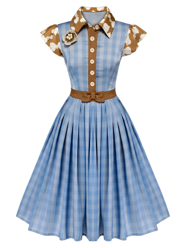 Blue 1950s Lapel Bow Decor Plaids Patchwork Dress