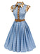 Blue 1950s Lapel Bow Decor Plaids Patchwork Dress