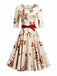 Beige 1950s Floral Half Sleeve Belted Dress