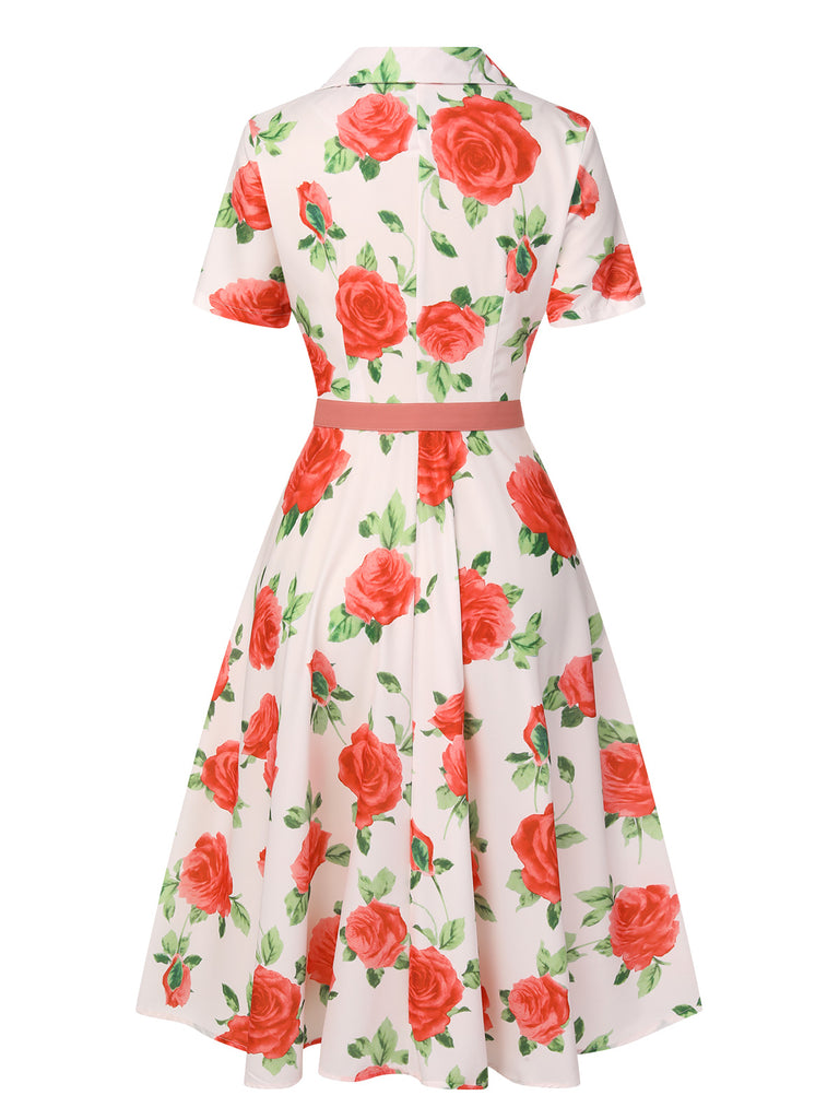 Beige 1950s Roses Lapel Dress With Belt