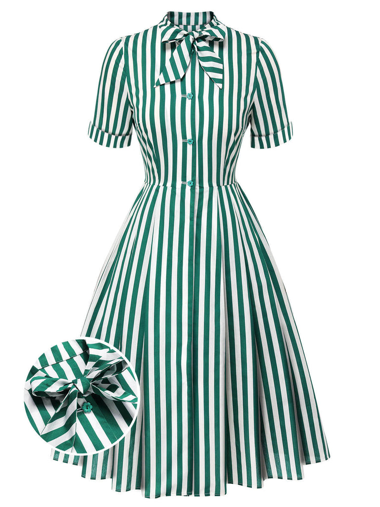 Dark Green 1950s Tie Neck Striped Dress