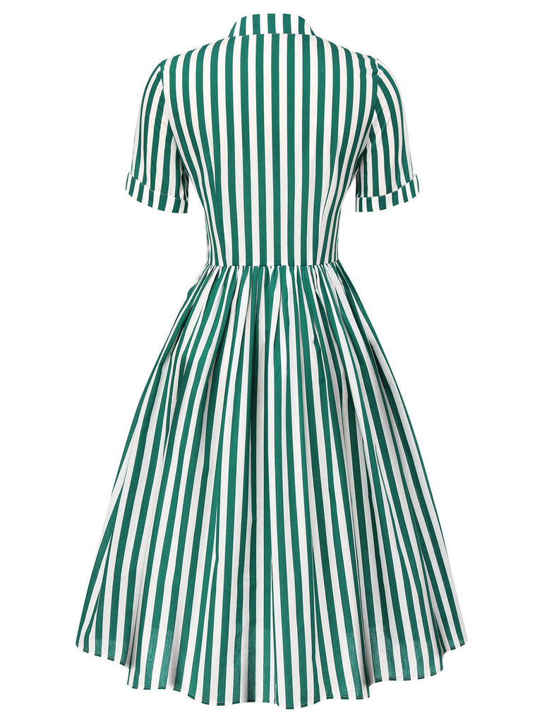 Dark Green 1950s Tie Neck Striped Dress