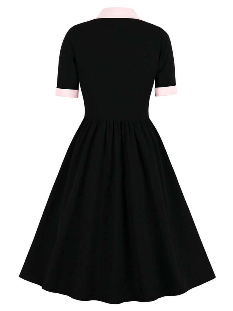 1940s Color Contrast Button Lapel Bow Dress