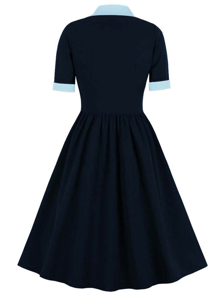 1940s Color Contrast Button Lapel Bow Dress