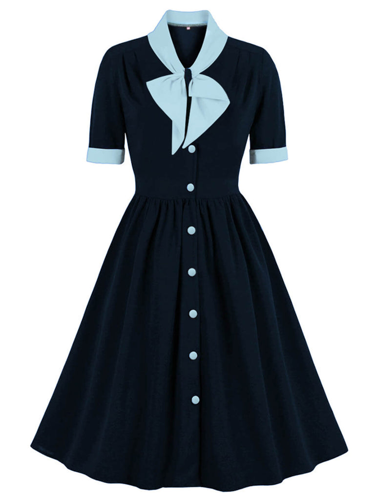 1940s Color Contrast Button Lapel Bow Dress