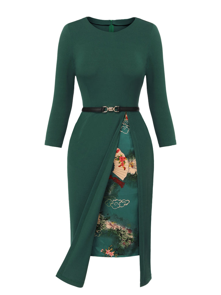Dark Green 1940s Chinese Style Floral Belt Dress