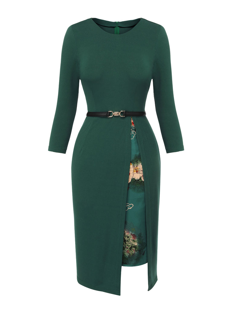 Dark Green 1940s Chinese Style Floral Belt Dress