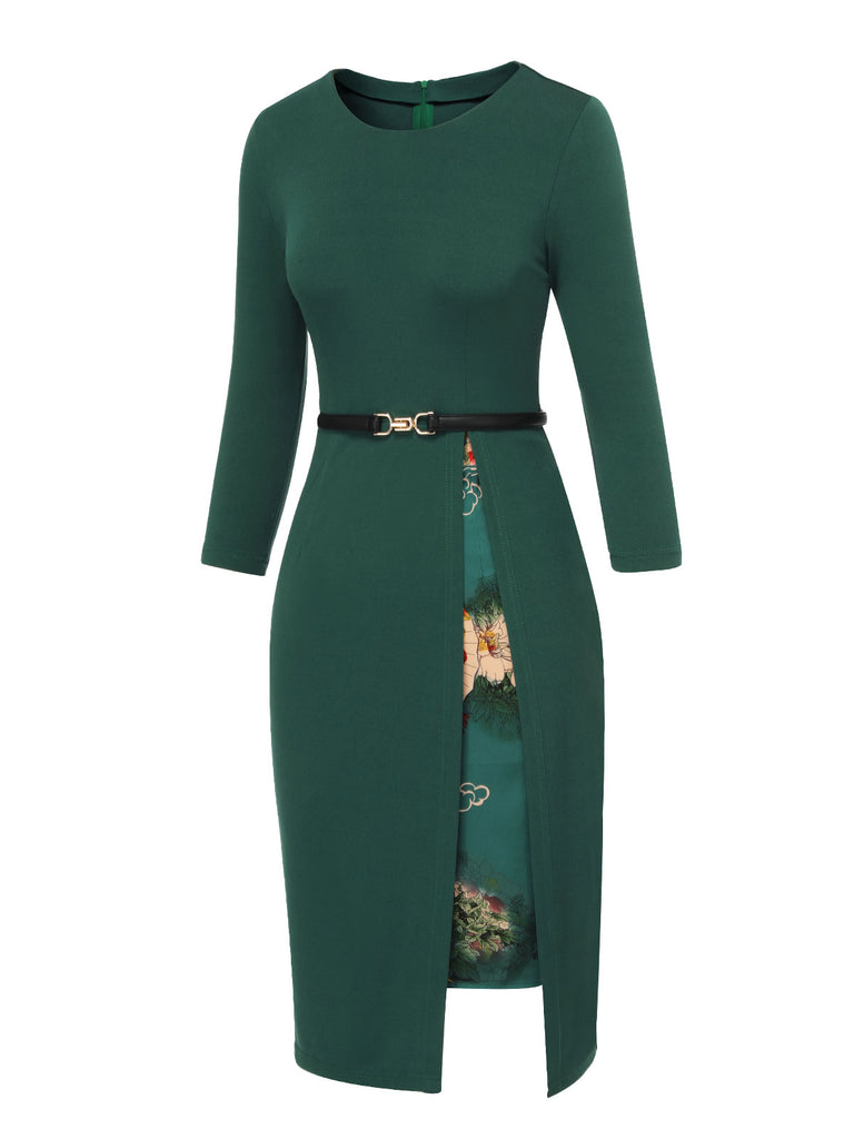 Dark Green 1940s Chinese Style Floral Belt Dress