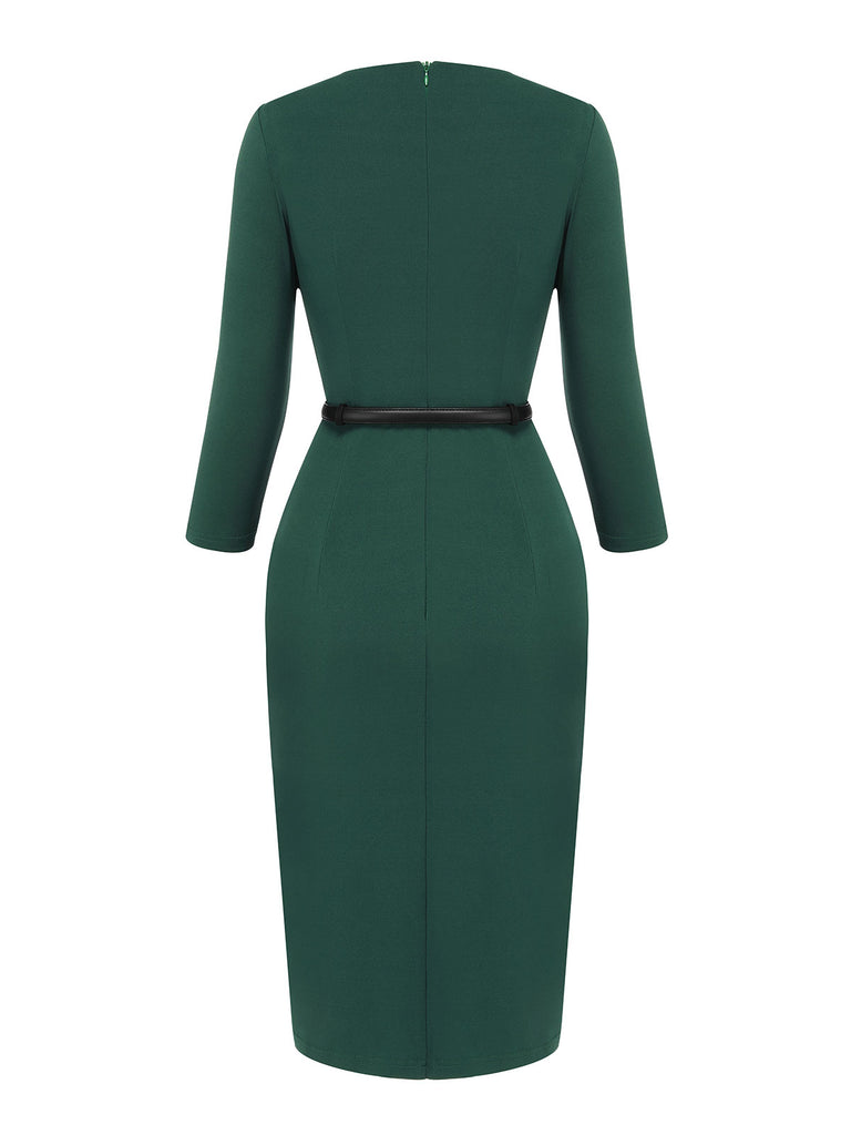 Dark Green 1940s Chinese Style Floral Belt Dress