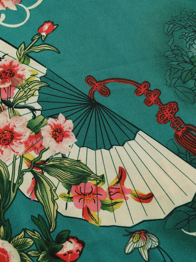 Dark Green 1940s Chinese Style Floral Belt Dress
