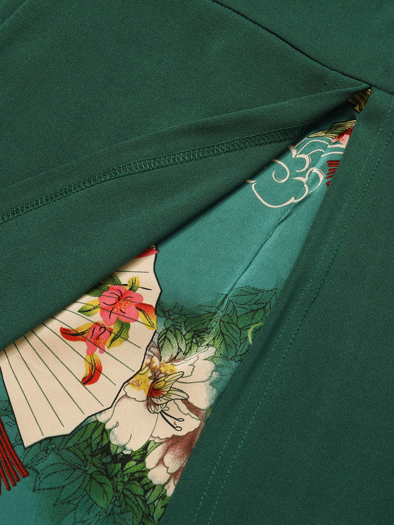 Dark Green 1940s Chinese Style Floral Belt Dress