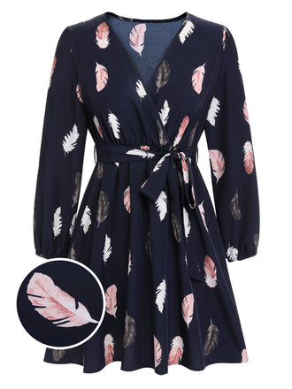 [Plus Size] 1950s V-Neck Feather Waist Dress