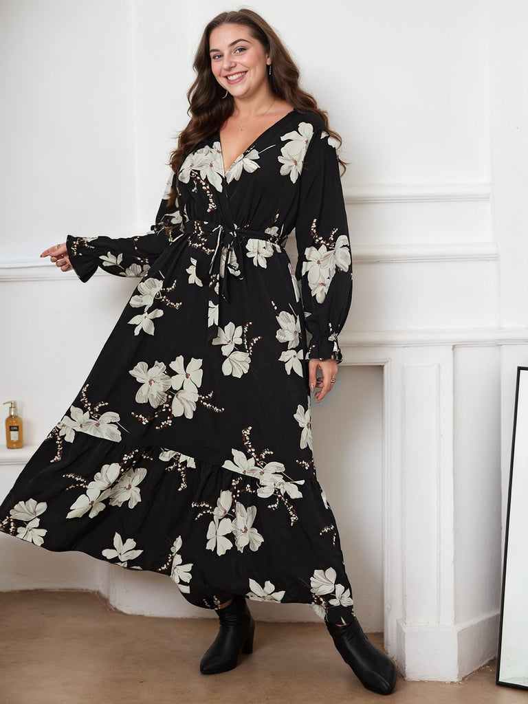 [Plus Size] Black 1930s V-Neck Floral Lace-Up Dress