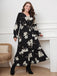 [Plus Size] Black 1930s V-Neck Floral Lace-Up Dress