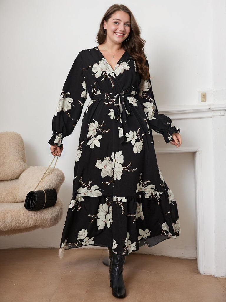 [Plus Size] Black 1930s V-Neck Floral Lace-Up Dress