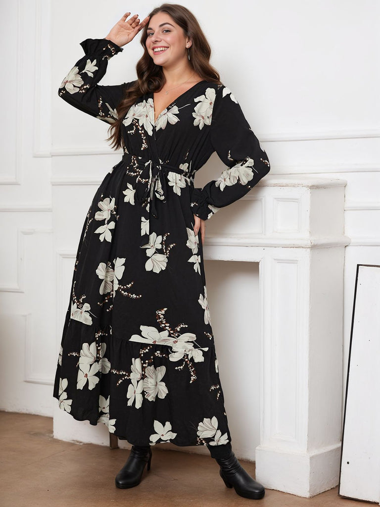 [Plus Size] Black 1930s V-Neck Floral Lace-Up Dress
