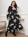 [Plus Size] Black 1930s V-Neck Floral Lace-Up Dress