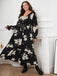 [Plus Size] Black 1930s V-Neck Floral Lace-Up Dress