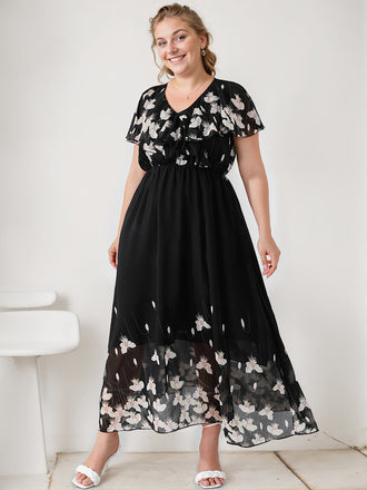 [Plus Size] Black 1950s V-Neck Butterflies Patchwork Dress