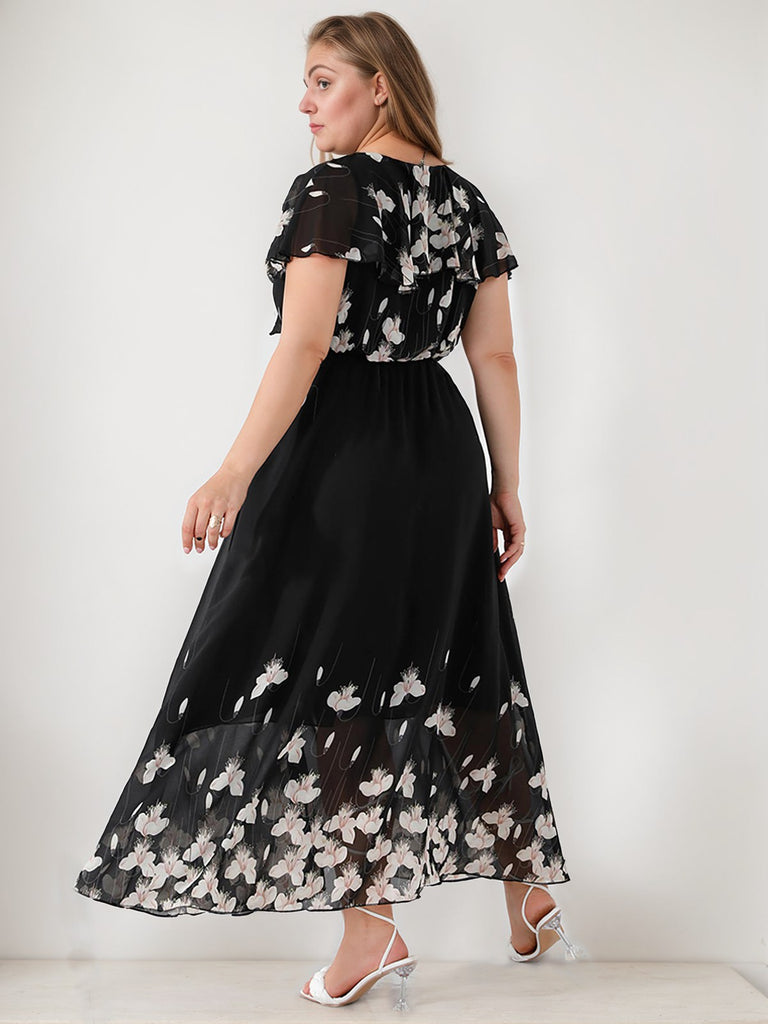 [Plus Size] Black 1950s V-Neck Butterflies Patchwork Dress
